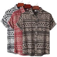 TEXMens Plus Size Loose Summer Short Sleeve Shirt Vintage Geometric Hawaiian Beach Male Shirts Casual Blouse For Men