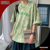 Suikone เสื้อยืดพิมพ์ลายมัดย้อมคอกลมสำหรับผู้ชาย,แขนสั้นเหมือนกันหมดเรียบง่ายทรงหลวม