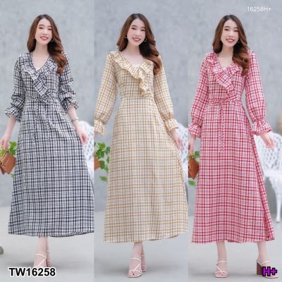 TW16258 Maxi dress ลายสกอตแขนยาวระบายปลายแขน