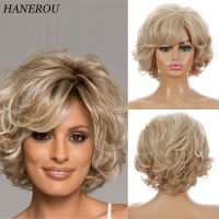 Mixed Blonde Wig Short Fluffy Curly Synthetic Wigs For White Women Daily Party Fake Hair Wigs With Bangs Natural Looking