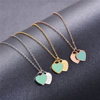 Martick Romantic Europe Style Heart Pendant Necklace Green Pink Color Double Heart Link Chain Necklace For Woman Jewelry P2