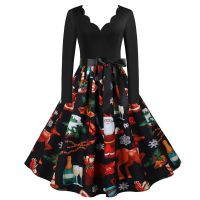 Womens Fashion Christmas Long Sleeve Burning Flower V-Neck Casual Printed Dress