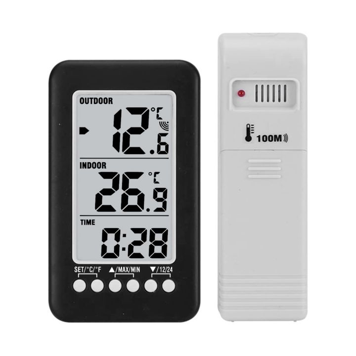 เครื่องวัดอุณหภูมิสัญญาณนาฬิกาเครื่องวัดอุณหภูมิแบบดิจิตอลไร้สายพร้อมเครื่องส่งสัญญาณ-lcd-ในร่ม-เครื่องวัดอุณหภูมิกลางแจ้ง