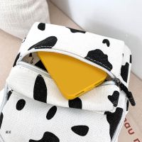 D0UD Mini Canvas Daypack with Plush Pendant Cow Print Backpack for Women Lady Girls Outdoor Travel Shopping Shoulder Bag Bookbag 【AUG】