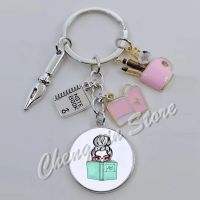 【CW】✤☑  girl who loves to read book flower watercolor picture print glass cabochon keychain