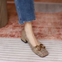 ♨ New style houndstooth plaid thick heel square toe single shoes for women with metal buckles genuine leather comfortable and versatile high-heeled shoes for women beanie shoes