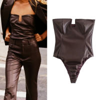 TRAF Body Woman Za 2021 Brown Faux Leather Bodysuit Women Clubwear Off Shoulder Sexy Bodysuit Fashion Short Bodycon Jumpsuit