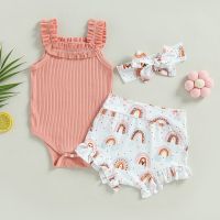 Summer Newborn Baby Clothes For Girls Set Ribbed Sleeveless Frills Sling Romper Rainbow Print Shorts Headband 3Pcs Outfits  by Hs2023