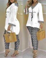 【DT】hot！ And New Womens Fashion V-neck Printing Thin Long-Sleeved Trousers Two-Piece Set