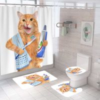 Fashion Funny Cat Shower Curtains Cute Bathroom Curtain Bath Set Toilet Cover Mat Non-Slip Washroom Rug Set Modern 180x180cm