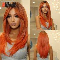 Medium Length Orange Highlight Straight Synthetic Natural Hair Wigs with Bangs for Black Women Cosplay Party Heat Resistant [ Hot sell ] ea1voy