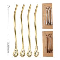 Drinking Straws With Filter Spoon Reusable 4pcs Stainless Steel Straw Filter Spoon With Cleaning Brush Kitchen Bar Accessories Specialty Glassware