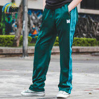 สีเขียวเข็ม Sweatpants ผู้ชายผู้หญิง1:1กางเกงซิปกระเป๋าสีฟ้าด้านข้าง Weing ลายกางเกง