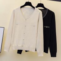 【มีไซส์ใหญ่】Plus Size XL-4XL Womens V-neck Long Sleeved Black Beige Spring Autumn Sweaters Casual Knitted Female Outerwear