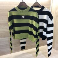 Autumn and Winter Round Neck Long Sleeve Knitted Sweater Striped Pullover Loose Sweater Womens Short Top Womens