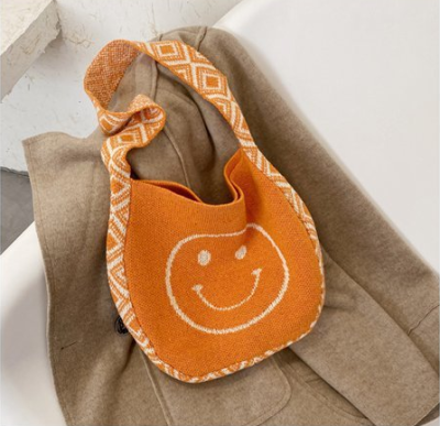 Korean INS New Autumn and Winter Women Crochet Shopper Shoulder Bag Cute Smile Wool Knit Boho Chic Tote Purse for Girl