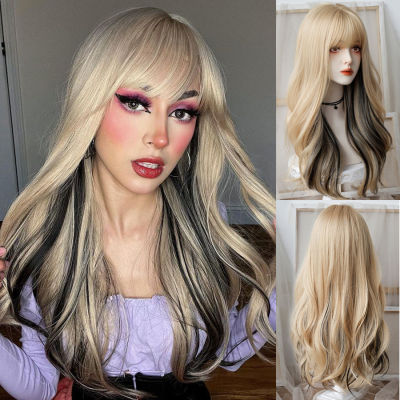 LANLAN Long Wavy Synthetic Wigs Blonde Black Highlights with Bangs Fake Hair for Women Daily Cosplay Party Heat Resistant Wig.