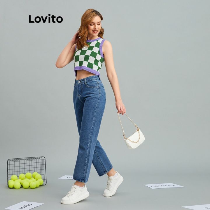 lovito-กางเกงยีนส์-ทรงเอวสูง-มีกระเป๋า-สไตล์ลำลอง-l10055-สีน้ำเงิน