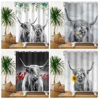 Farmhouse Highland Cow Bull Get Naked Shower Curtain With Hooks Funny Cattle Floral Decoration Country Style Bothroom Curtains