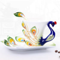 Chinoiserie Hand Crafted Creative 3D Porcelain เคลือบนกยูงถ้วยกาแฟชุดจานรองปัจจุบันเซรามิคชาถ้วยน้ำจาน Gift