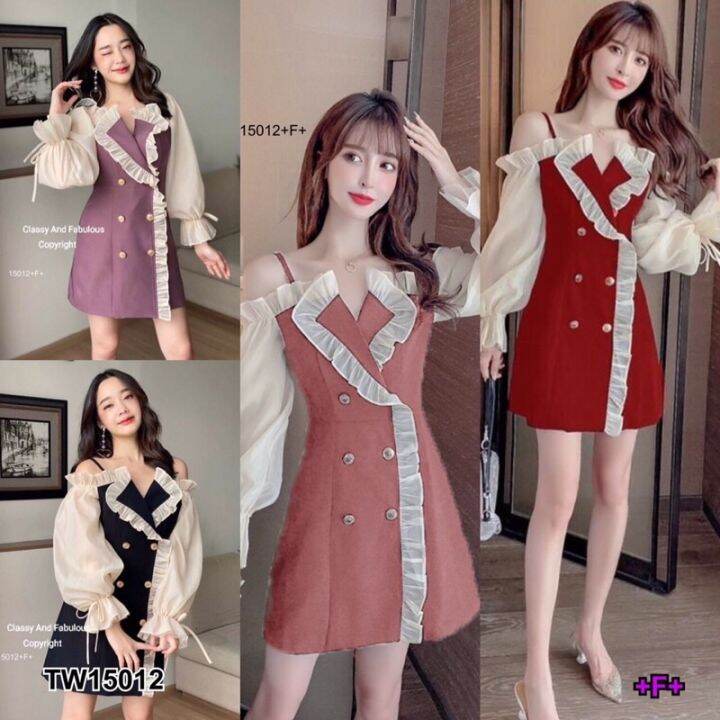 dress-เดรสสายเดี่ยวแขนยาว-ติดกระดุมหน้าปกกุ้นระบาย-แขนเป็นผ้าแก้วซีทรู-ตัวเดรสงานผ้าซาร่า