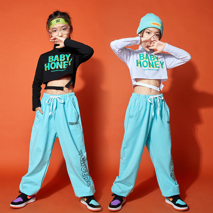 Hip Hop Kids Costume Girls Jazz Dance Clothes Long Sleeves Pink Kpop Outfit  Crop Tops Pants Autumn Streetwear Show Suit size 170cm Color Tops-Pants 2pcs