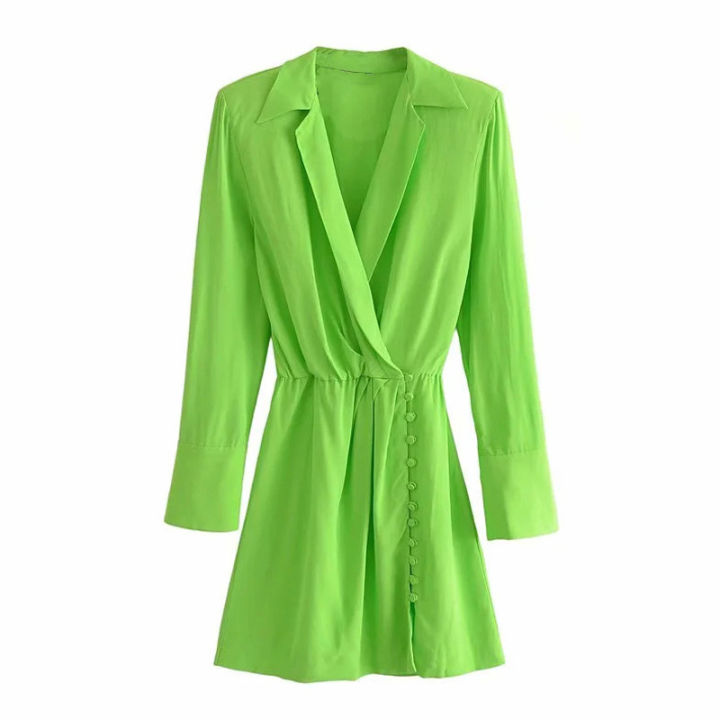 2021traf-za-summer-shirt-dress-women-2021-green-short-chiffon-dresss-woman-office-long-sleeve-shoulder-pads-pleated-elegant-dresses