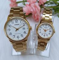 นาฬิกา Casio คู่รัก รุ่น MTP-V002G-7B2 และ LTP-V002G-7B2 นาฬิกาสายแสตนเลสสีทอง หน้าปัดขาว - ของแท้ 100% รับประกันสินค้า1 ปี