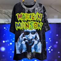 เสื้อยืดแฟชั่นวิบวับ งานปักมือ ทำเอง อก44" ยาว29" ลาย Marilyn Manson สุดปัง ผ้าฟอก