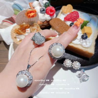 Luxury and elegant flower pearl gemstone ring designer 18K gold plated zircon love earring necklace set for ladies
