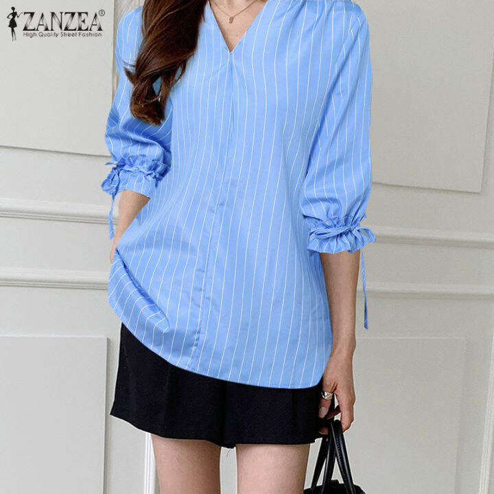 สินค้ามาใหม่-จัดส่งฟรี-fancystyle-zanzea-เสื้อเสื้อพิมพ์ลายคอวีลายทางสไตล์เกาหลีของผู้หญิงเสื้อแขนยาวเสื้อทรงหลวมลำลอง-10