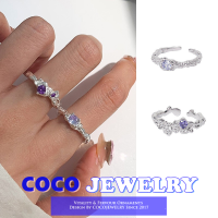 COCOJEWELRY แหวนเพทายสีม่วงสำหรับผู้หญิงดีไซน์ช่องเงิน925เนื้อสัมผัสแบบ Ins ลมเย็นหรูหราแหวนเปิดป่า