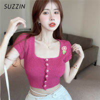 SUZZIN เสื้อยืดแขนสั้นถักลายคอสี่เหลี่ยมสำหรับผู้หญิงสำหรับผู้หญิง