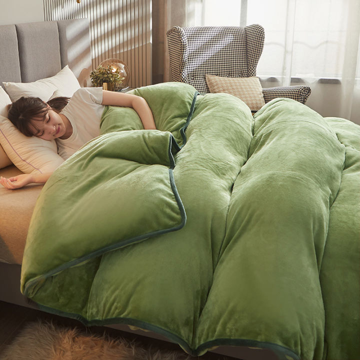 ร้อน-สีเขียวสีเทากำมะหยี่แข็งปกเตียงข้นสักหลาดขนแกะฤดูหนาวบ้านผ้าปูที่นอนกำมะหยี่ผ้านวมปกนอนปลอกหมอน1ชิ้น