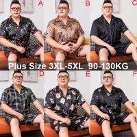 MODE Korea ชุดนอนผ้าไหม3XL-5XL ขนาดพิเศษสำหรับผู้ชาย,ชุดนอนผ้าไหมเสื้อแขนสั้นผู้ชายชุดนอนซาตินทรงหลวมชุดนอนใส่อยู่บ้าน