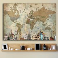 Modern Famous City Landmark Art ผ้าใบพิมพ์โปสเตอร์ภาพผนัง Vintage World Map พิมพ์สำหรับห้องนั่งเล่นตกแต่งบ้าน