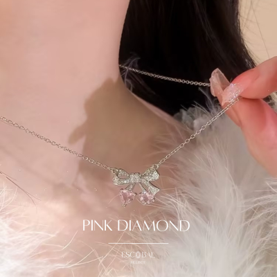 ESCOBAL✨พร้อมส่ง สร้อยเพชร pink bow จี้เพชร Moissanite แท้100% สร้อยคอเงินแท้ สร้อยคอแฟชั่น สร้อยเงินแท้ สร้อยคอเพชร