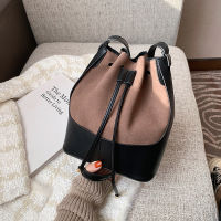 Vintage Suede Drawsting Bucket Bag Designer Women Shoulder Bags Luxury Pu Leather Patchwork Crossbody Bag Lady Large Tote Purses