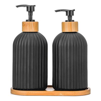 14Oz Glass Soap Dispenser with Wooden Tray, 2 PCS Hand and Dish Soap Dispenser Set, Kitchen Bathroom Farmhouse Decor