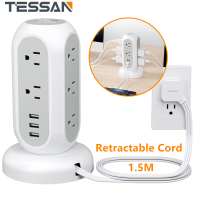 TESSAN Ultra Slim Telescopic Extension Wire 1.5M อุปกรณ์ป้องกันไฟกระชาก ปลั๊กไฟสายไฟแบบแบน ปลั๊กไฟ 11 ช่องพร้อมสถานีชาร์จ USB 3 ช่อง 1050J เครื่องใช้สำนักงาน อุปกรณ์โต๊ะทำงาน สิ่งจำเป็นสำหรับหอพัก