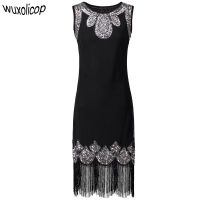 Stretchy Little Black Dress Midi Vestido Women 1920s Vintage Beaded Fringe Sequin Flapper Dress Gatsby Tunic Top Shift Dress