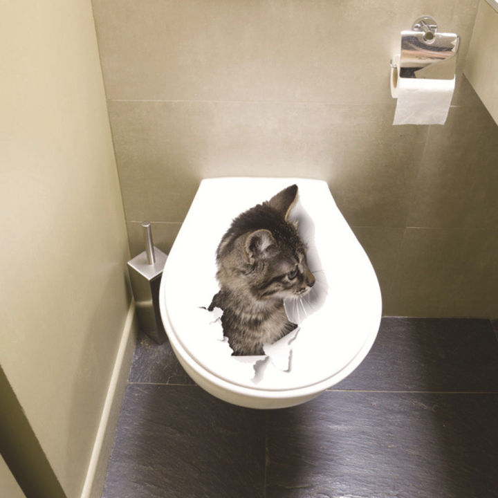 สติกเกอร์ฝาโถส้วมห้องน้ำแมวน่ารักแบบลอกออกได้3d-สติกเกอร์ตกแต่งติดผนัง
