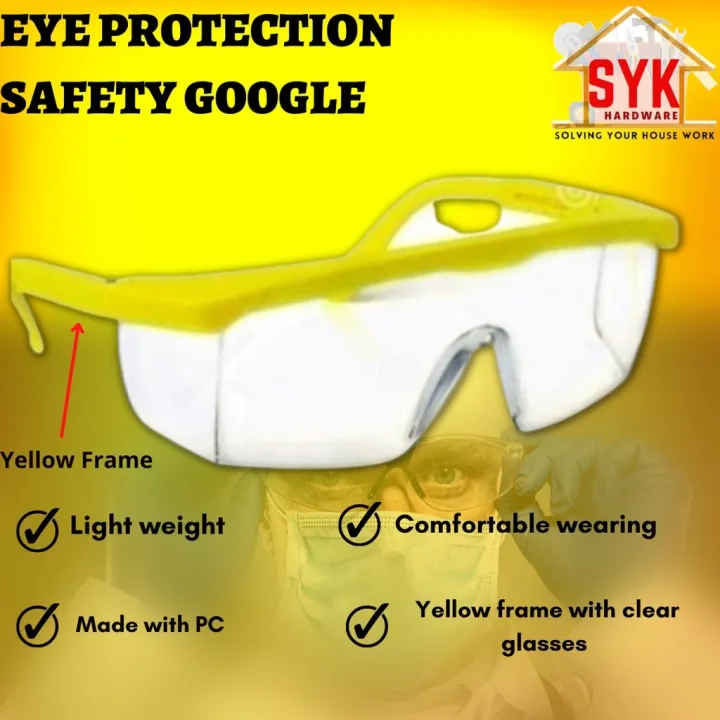 SYK Safety Googles Eyewear Yellow Frame Eyes Protection Clear Colour Welding Construction Cermin