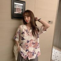 Summer new style Hong Kong style retro flower print shirt women loose leisure vacation style shirt top