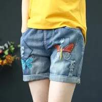 Literary Retro Elastic Waist Denim Shorts Womens Summer New Butterfly Embroidery Holes Straight Casual Rolled Edge Pants