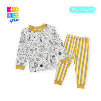 KiddeeCrew ชุดนอนเด็ก ครีมกุ้นคอเหลือง กางเกงริ้วเหลือง Yellow neck cream pajamas yellow striped pants เหมาะสำหรับอายุ 1-12 ปี