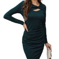 ผู้หญิงแขนยาวเซ็กซี่ Hollow Out Ruched Knot Collar Bodycon มินิเดรสคอไม่สม่ำเสมอสีทึบแพคเกจ Hip Clubwear