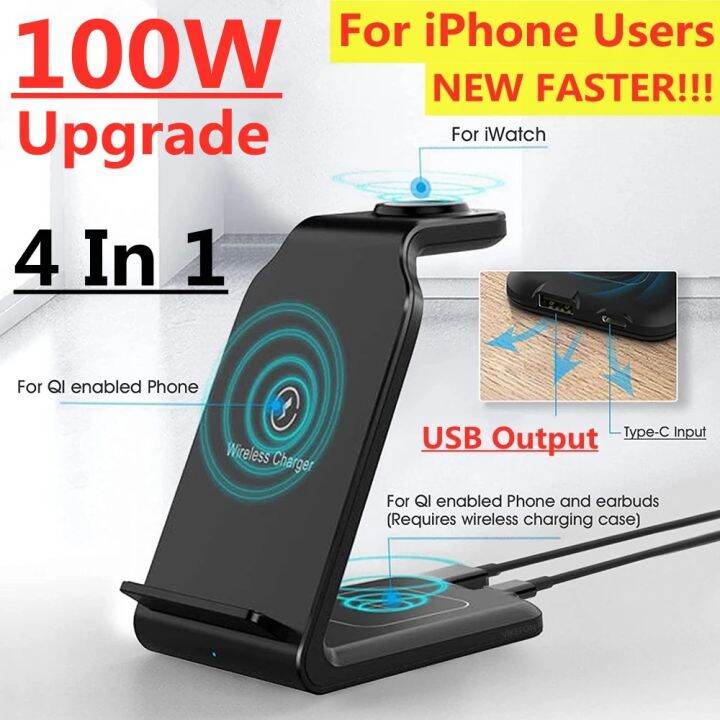 ♤◘☾ 100W Fast Wireless Charger Stand For iPhone 14 13 12 11 8 Apple Watch 4  in 1 Foldable Charging Station for Airpods Pro iWatch 