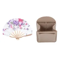 Bamboo Flower Printed Japanese Style Foldable Hand Held Fan with Felt Backpack Insert Organizer Storage Bag(Dark Khaki)