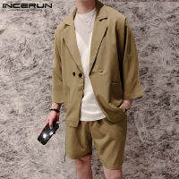 ❐♞☂ hnf531 (สไตล์เกาหลี) INCERUN Mens ชุดสูททางการ3/4 Sleeve Blazer กางเกงขาสั้นแบบมีเข็มขัดสมาร์ทชุดงานแต่งงานชุดสูทอาหารค่ำ